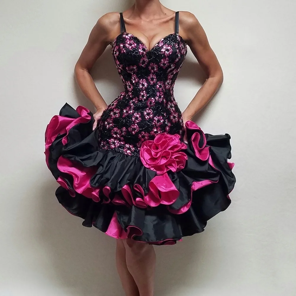 80s Vintage Alyce Designs Black Pink Sequin Floral Ruffle Bustier Mini Dress 6 - Picture 2 of 13